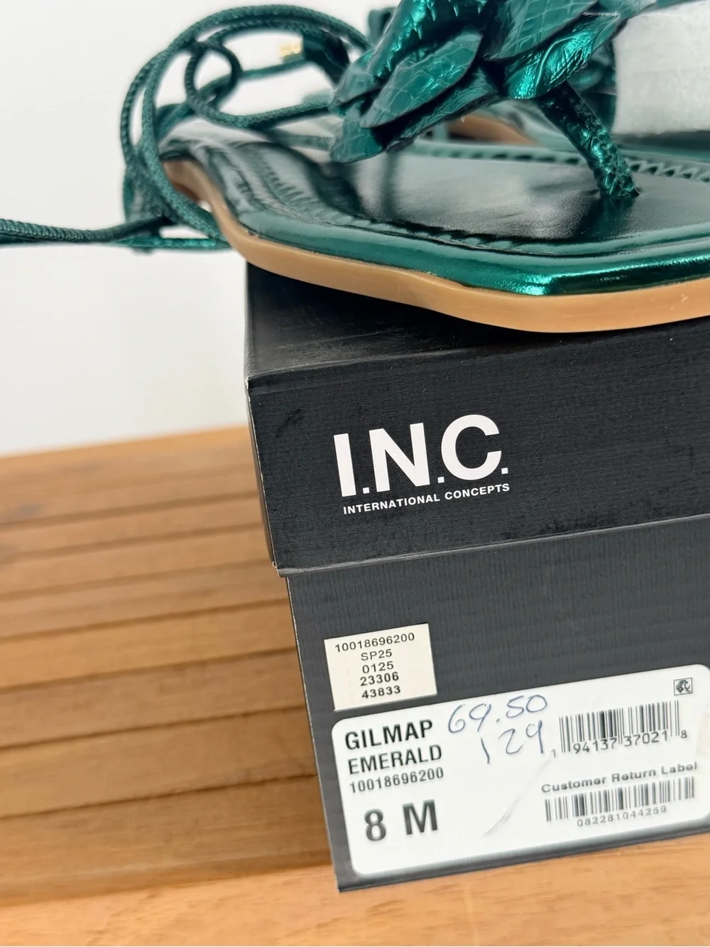 INC Women’s Green Metallic Floral Lace-Up Sandals GILAMP 8M